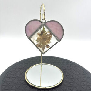 Heart Stained Dried Flowers On Mirror Stand Glass Suncatcher